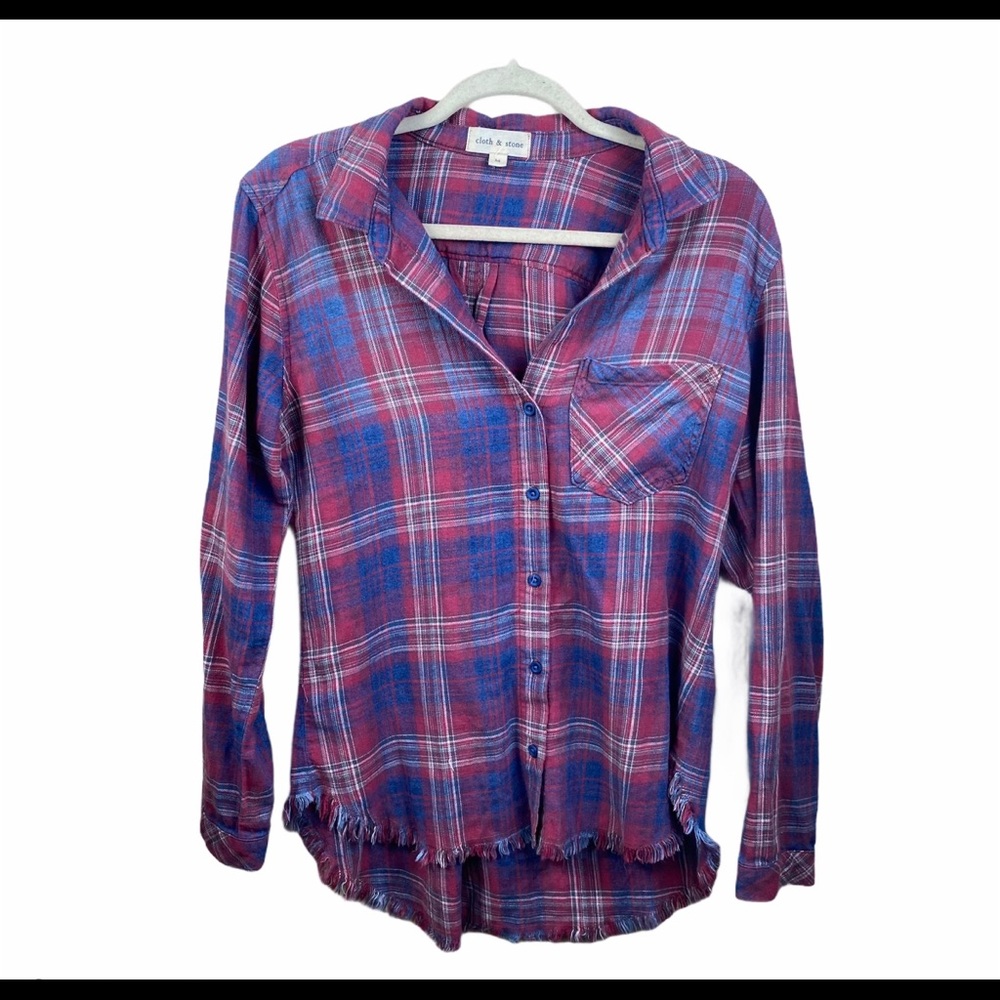 Anthropologie Cloth & Stone Plaid Frayed Top